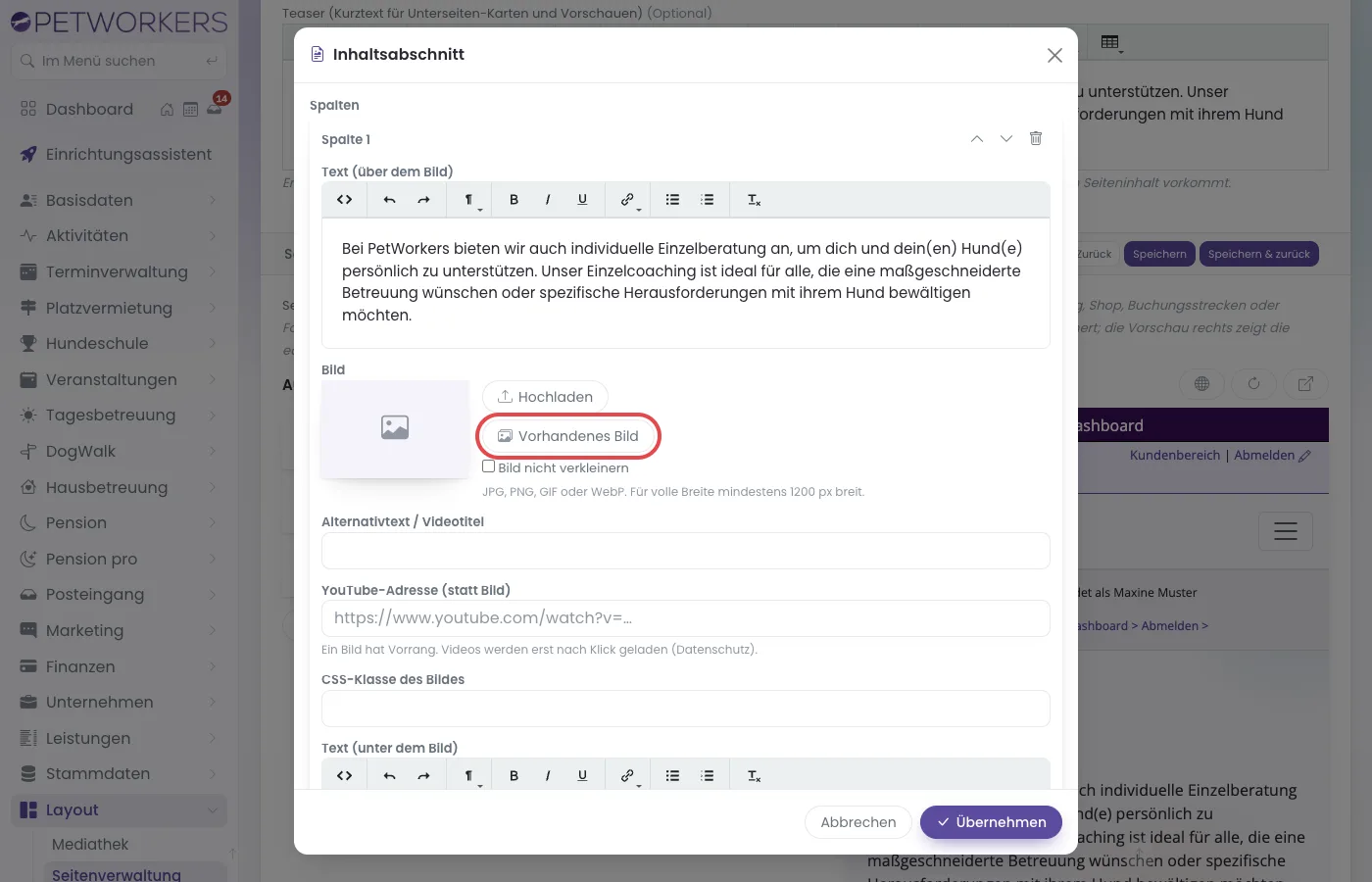 Ein geöffneter Block mit dem Bildfeld und dem Knopf Vorhandenes Bild