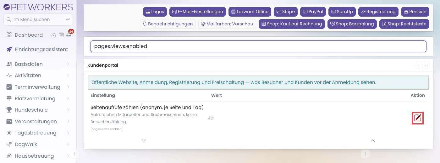 Die Einstellung Seitenaufrufe zählen in der Gruppe Kundenportal
