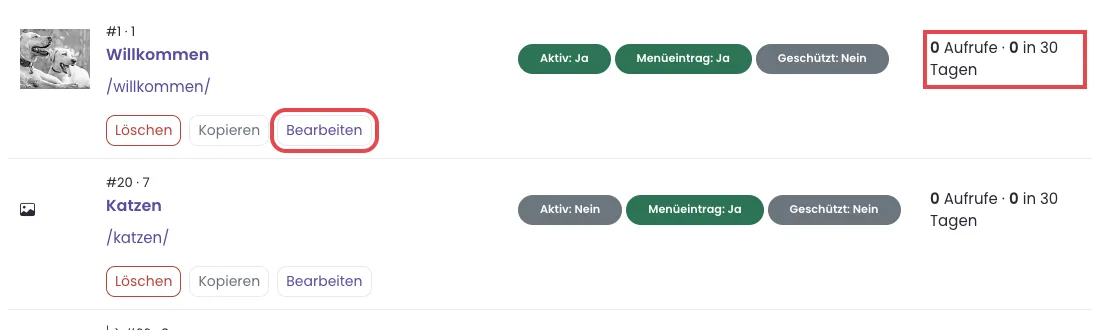 Eine Zeile der Seitenverwaltung mit Seitenbild, Name, Pillen, Aufrufen und Knöpfen