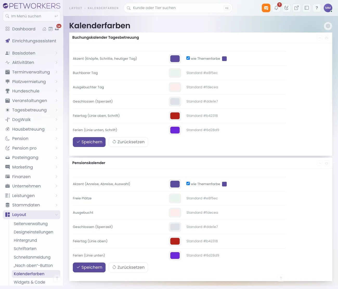 Die Seite Kalenderfarben mit den Kästen Buchungskalender Tagesbetreuung und Pensionskalender