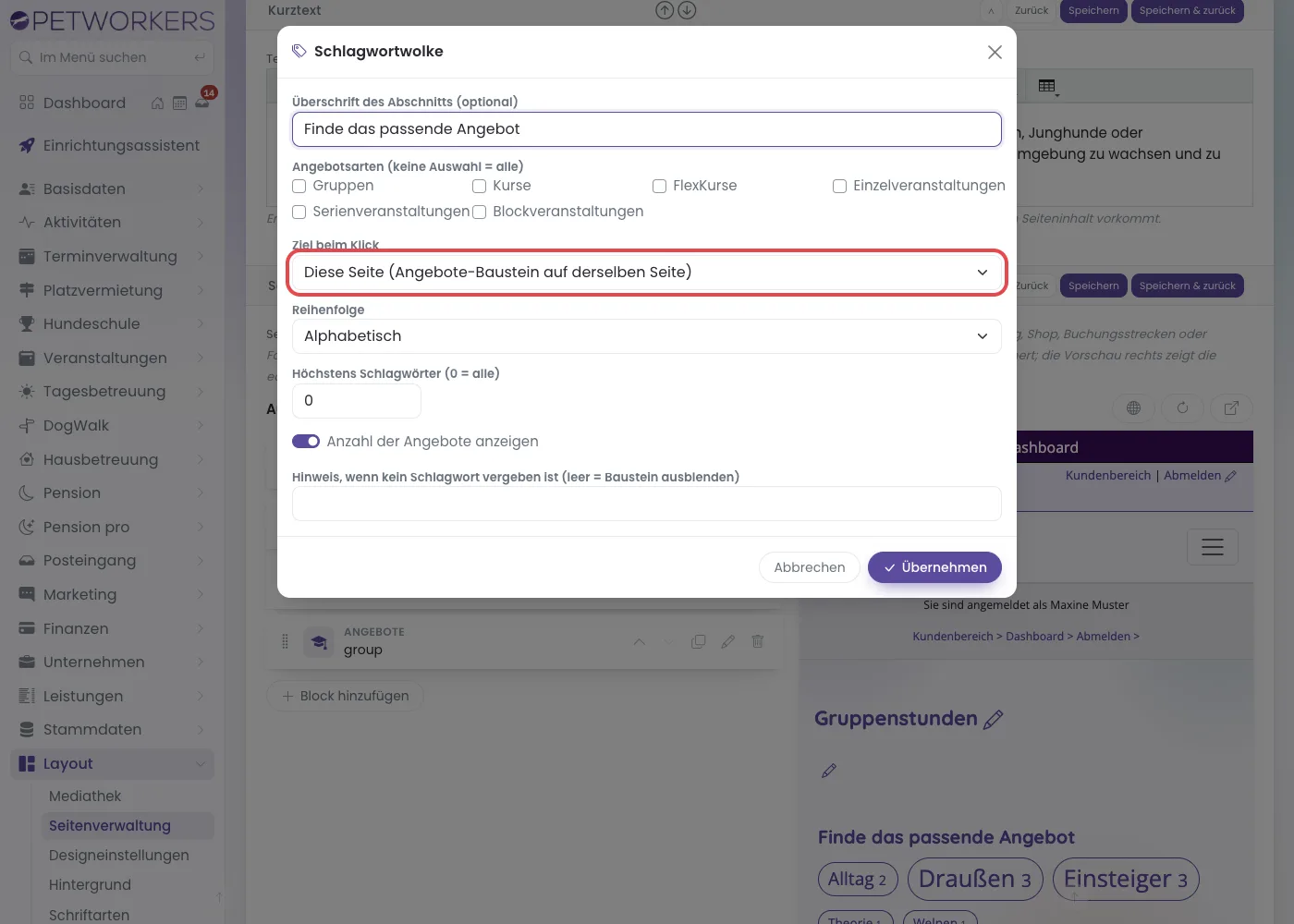 Einstellungen des Blocks Schlagwortwolke