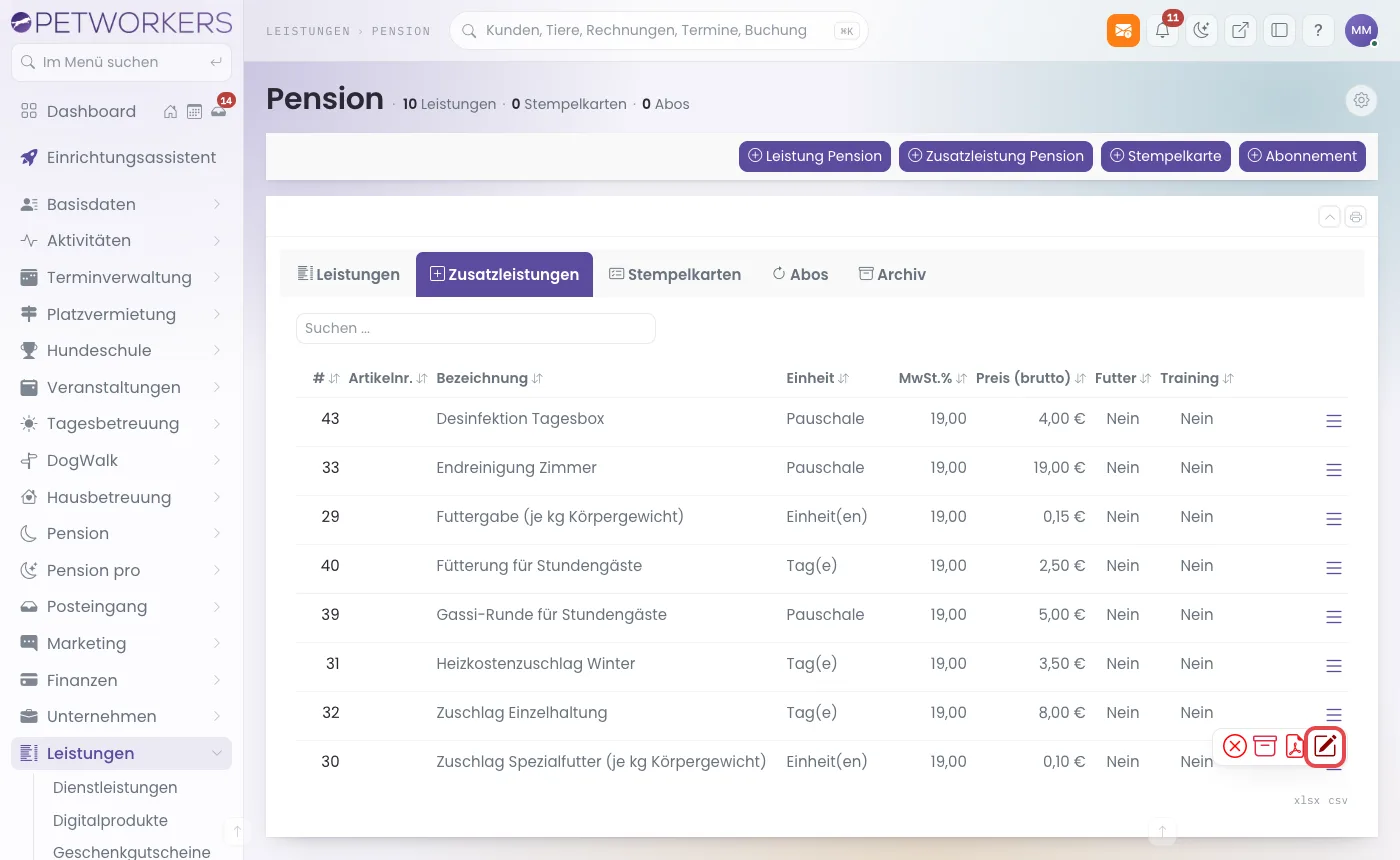 Liste der Pensions-Zusatzleistungen mit aufgeklapptem Zeilenmenü und markiertem Stift