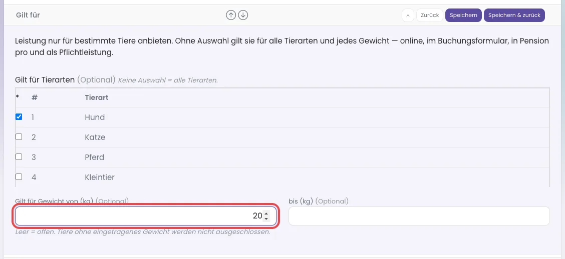 Feld Gilt für Gewicht von kg mit dem Wert 20, rot markiert