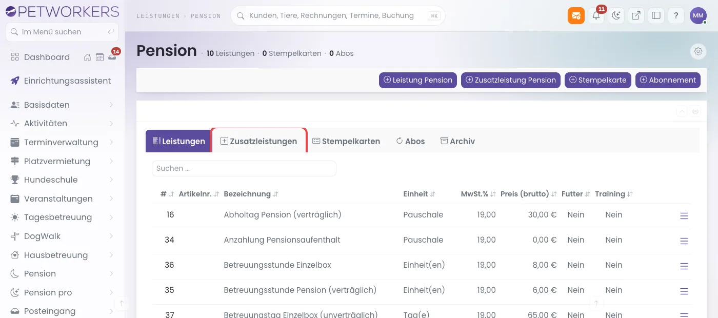 Leistungen Pension mit markiertem Reiter Zusatzleistungen