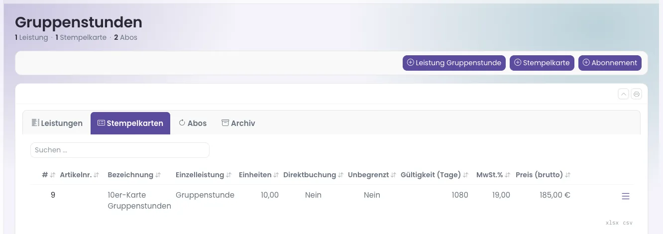 Reiter Stempelkarten auf der Seite Gruppenstunden