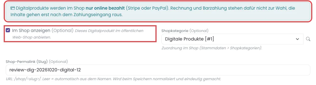 Abschnitt Shop eines Digitalprodukts mit rot markiertem Hinweis „nur online bezahlt“ und dem Haken „Im Shop anzeigen“