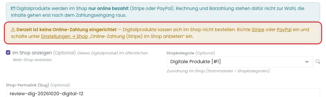 Abschnitt Shop eines Digitalprodukts mit rot markierter gelber Warnung „Derzeit ist keine Online-Zahlung eingerichtet“