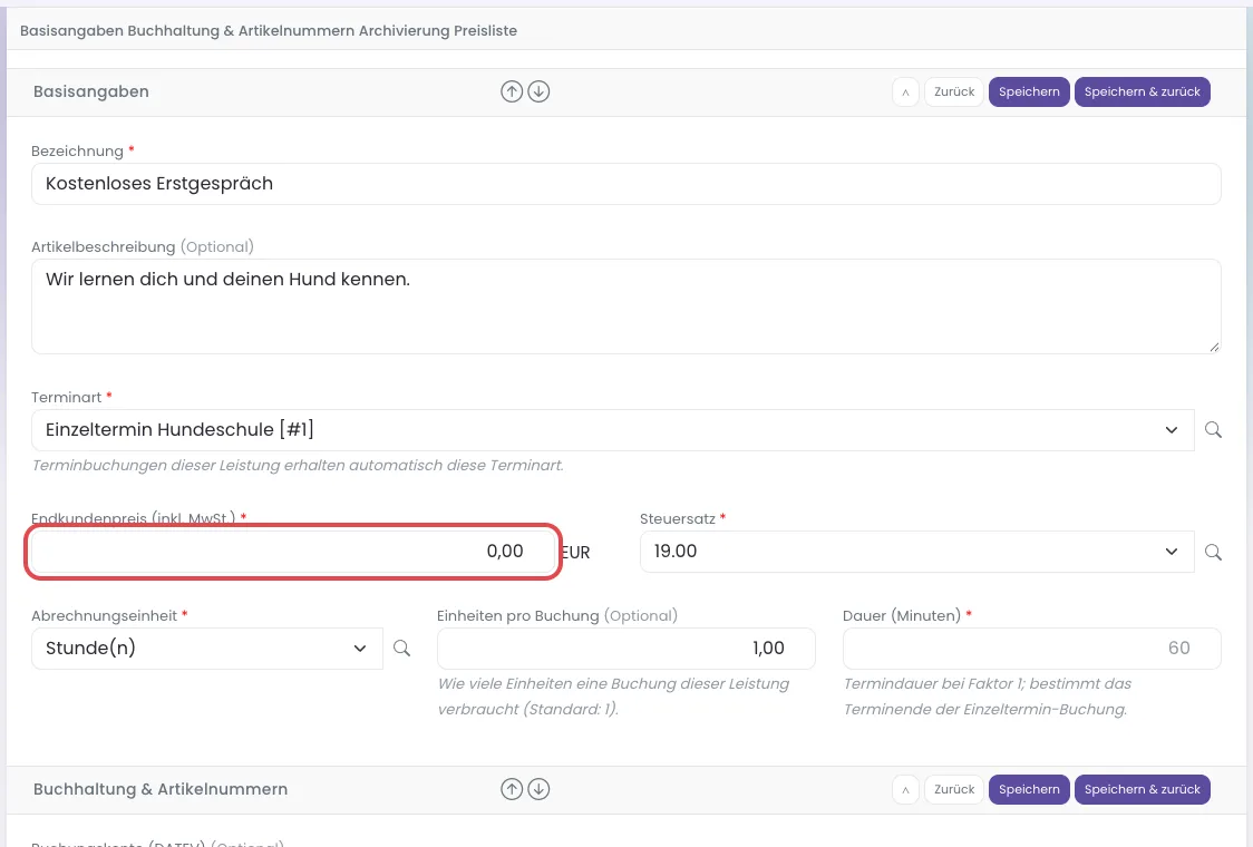 Leistungsformular mit Endkundenpreis 0,00