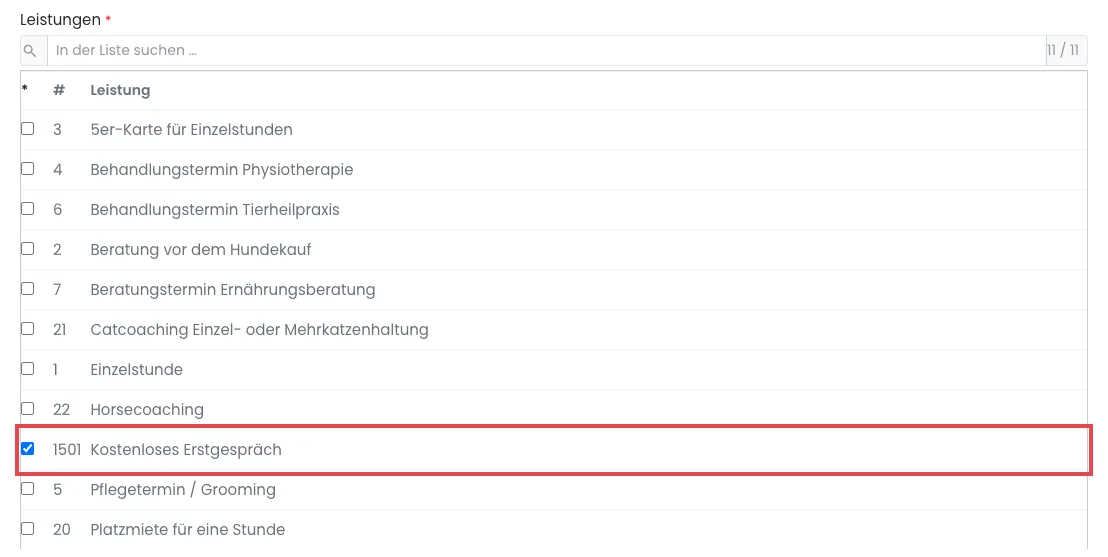 Leistungsliste einer Verfügbarkeit mit angehaktem Erstgespräch