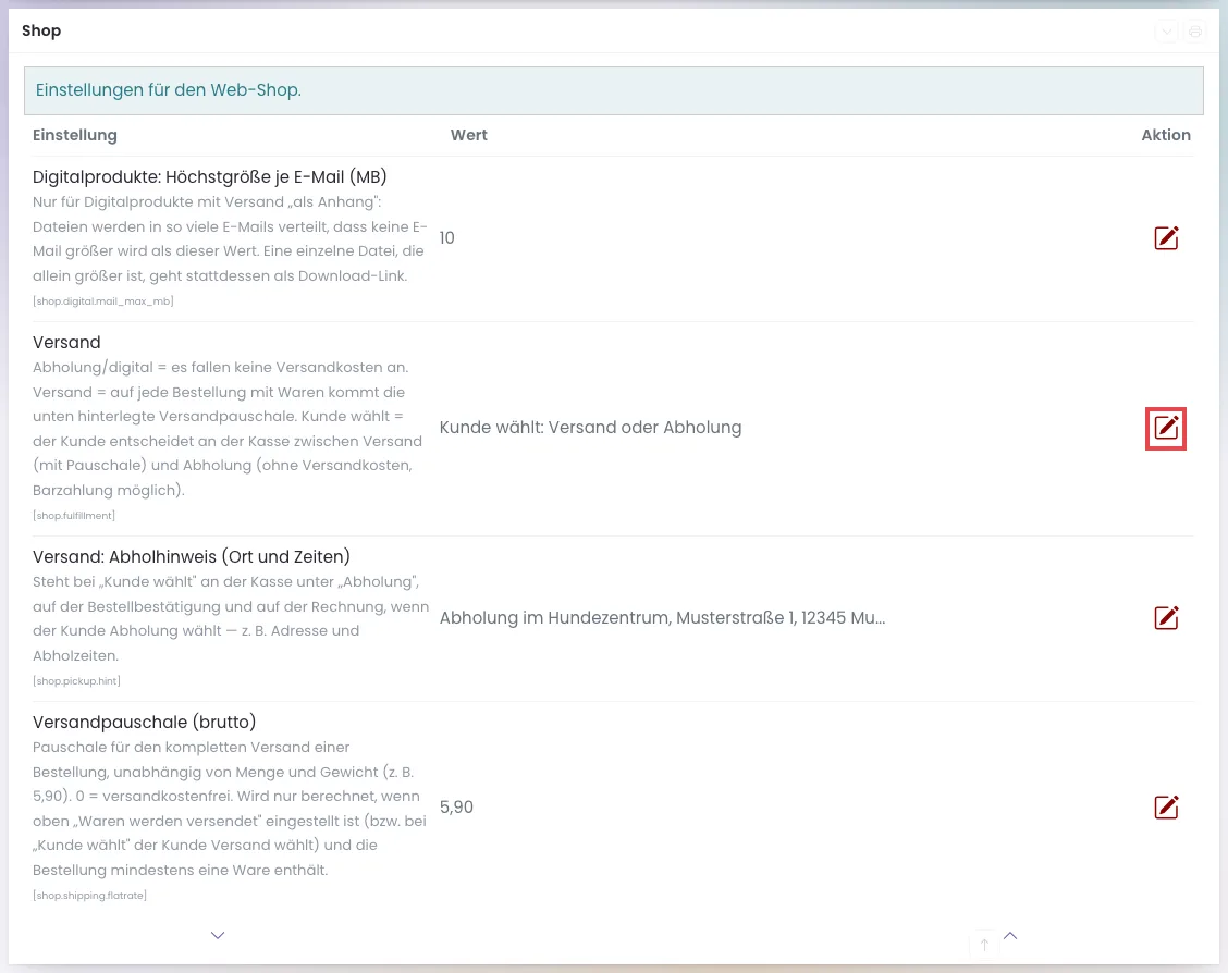 Gruppe Shop in den Einstellungen mit den Zeilen Versand, Abholhinweis und Versandpauschale