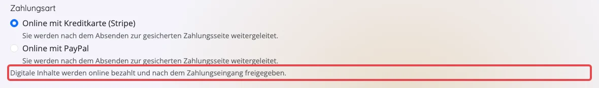 Kasse des Shops mit einem Digitalprodukt: nur Online mit Kreditkarte (Stripe) und Online mit PayPal, darunter der Hinweis zu digitalen Inhalten