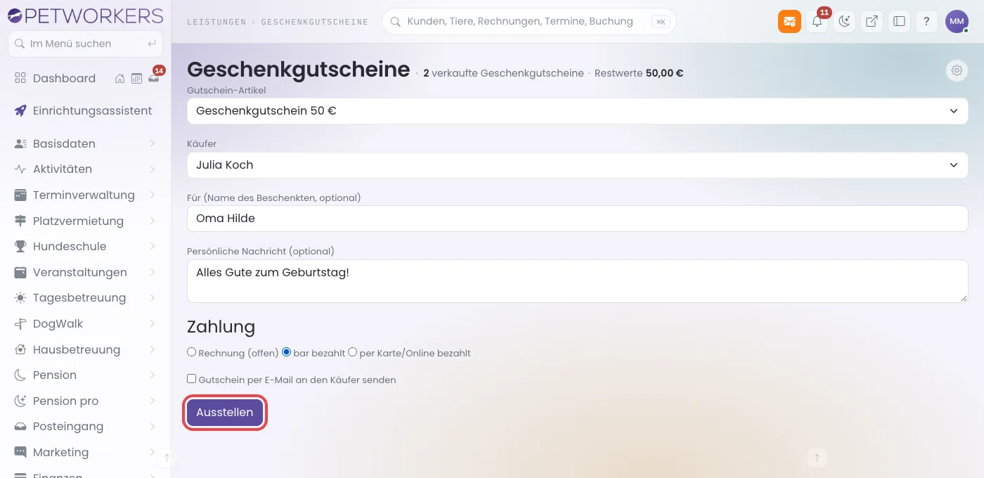 Formular Geschenkgutschein ausstellen