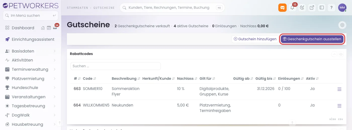 Seite Gutscheine mit dem Knopf Geschenkgutschein ausstellen