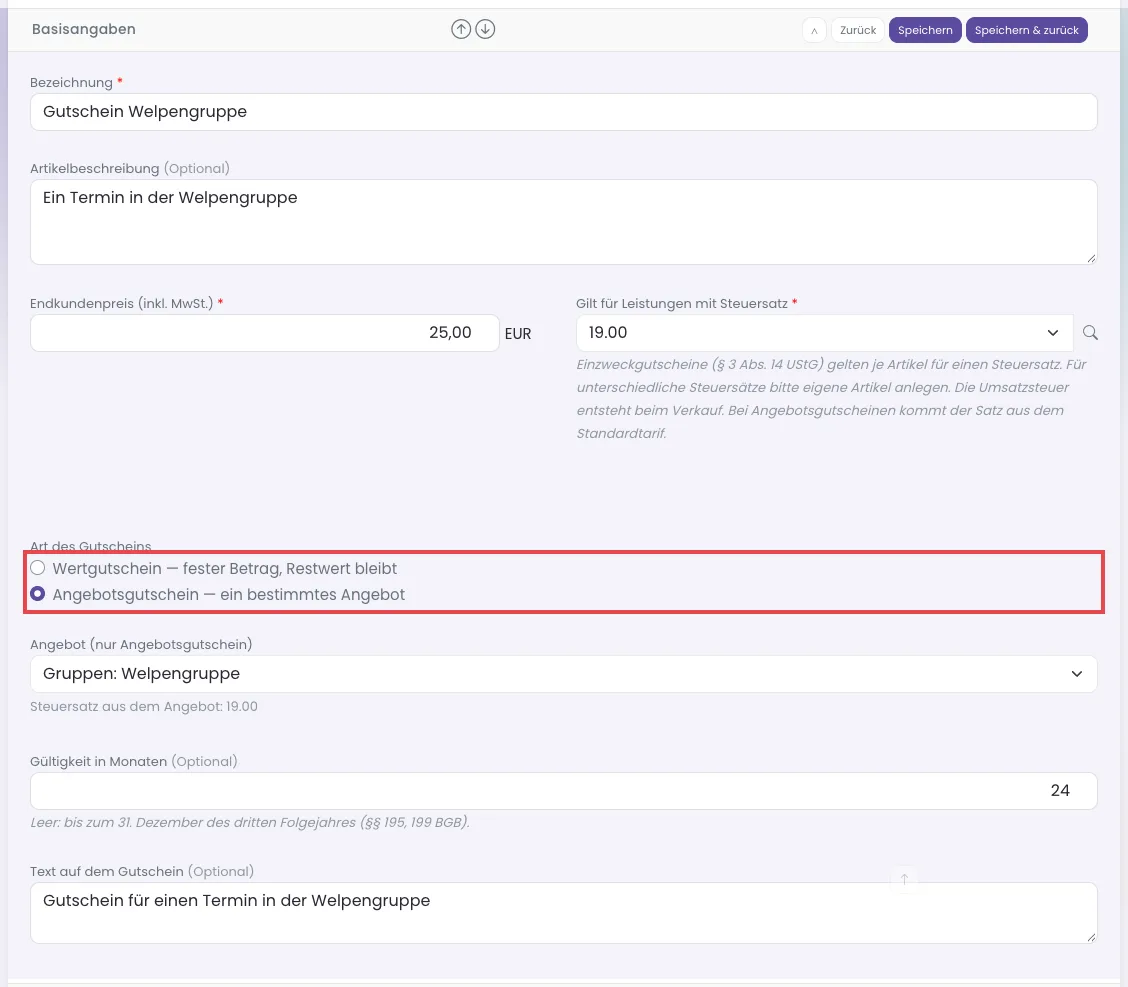 Formular eines Geschenkgutscheins mit Art des Gutscheins