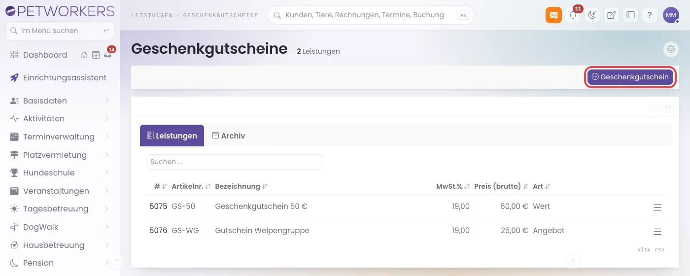 Liste der Geschenkgutscheine mit dem Knopf Geschenkgutschein