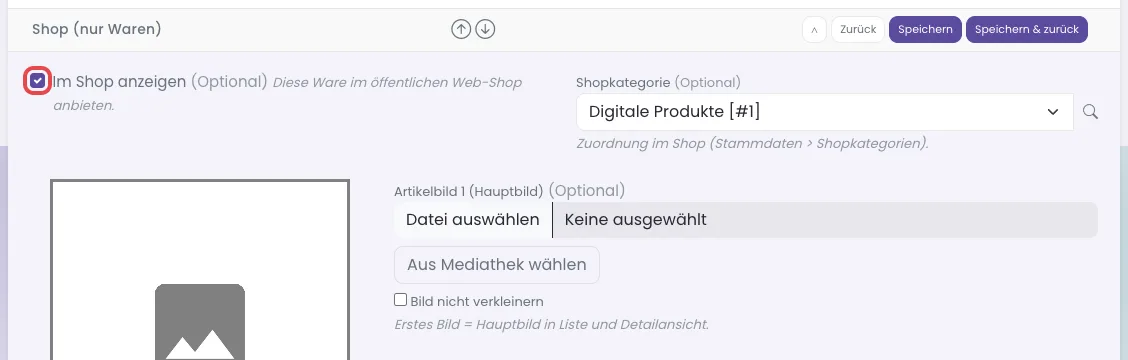 Abschnitt Shop mit dem Haken Im Shop anzeigen