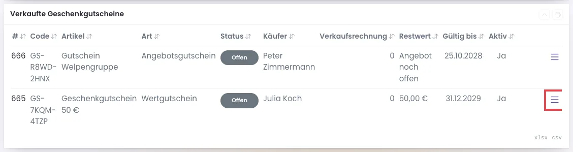 Liste der verkauften Geschenkgutscheine