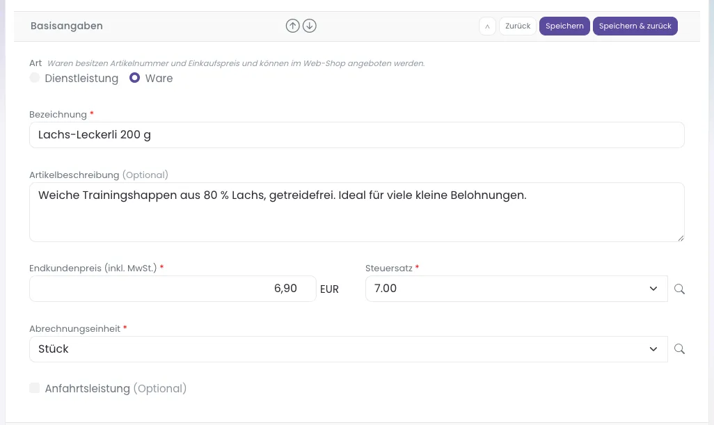 Basisangaben einer Ware