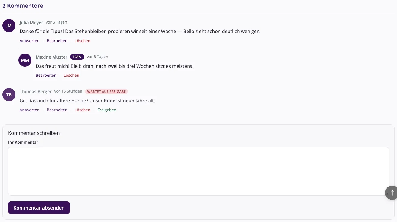 Kommentare unter einem Blogbeitrag mit Antwort und einem Kommentar, der auf Freigabe wartet