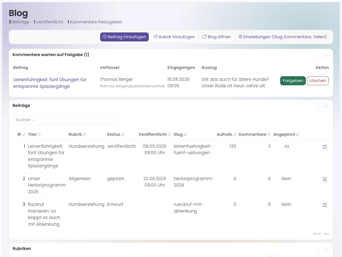 Verwaltungsseite des Blogs mit wartendem Kommentar, Beitragsliste und Rubriken