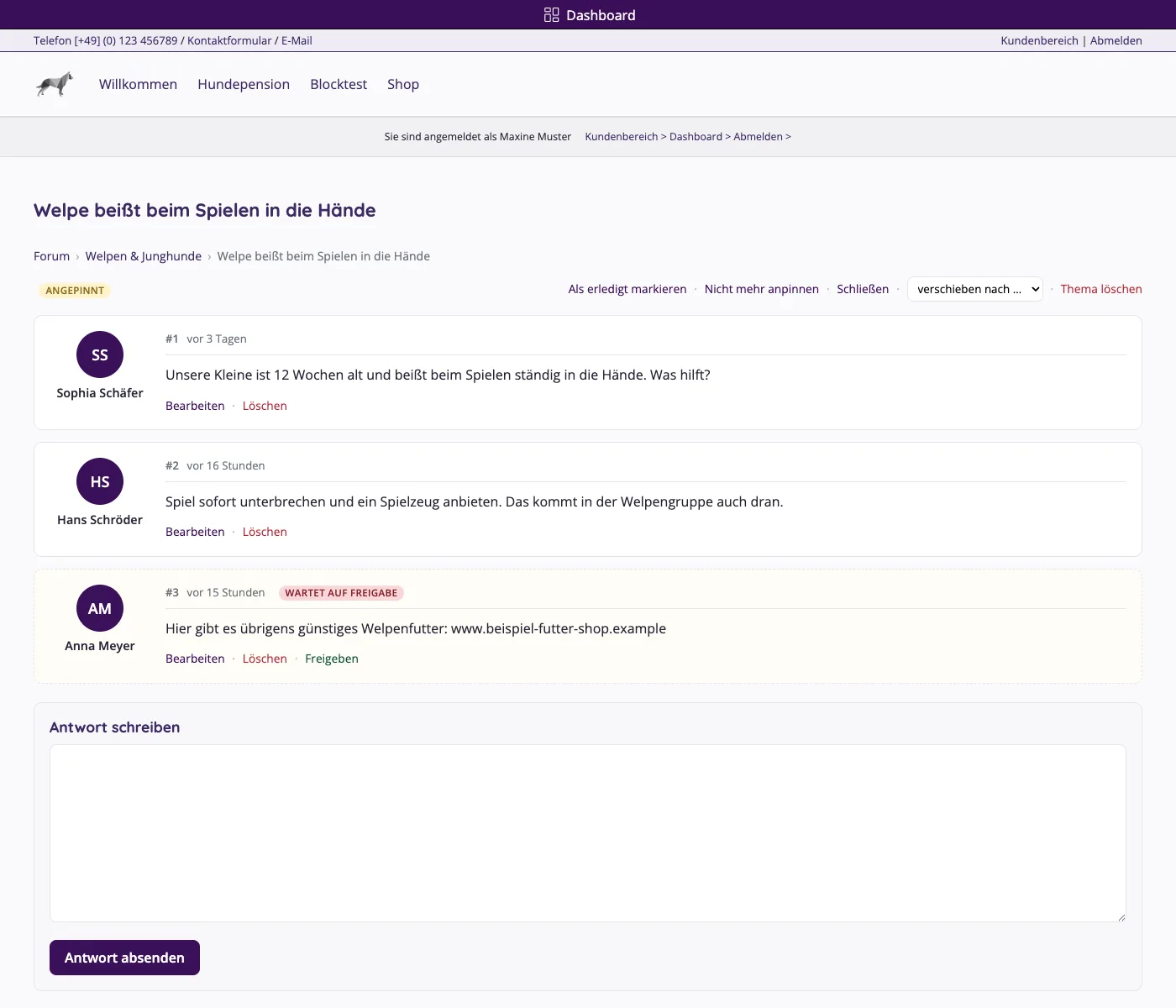 Thema im Forum mit Moderationsleiste, drei Beiträgen und einem wartenden Beitrag