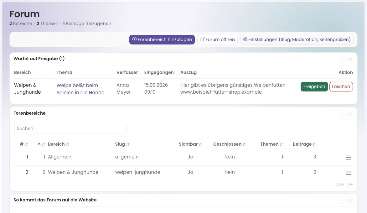 Verwaltungsseite des Forums mit einem wartenden Beitrag und zwei Forenbereichen