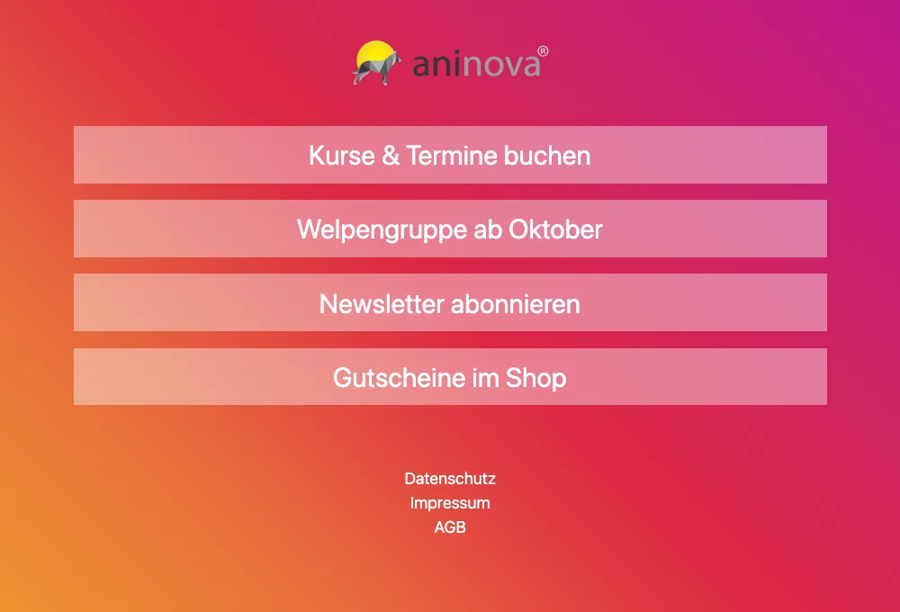 Öffentliche Linkseite mit Logo, vier Knöpfen und den Links zu Datenschutz, Impressum und AGB