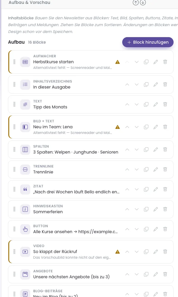 Blockliste im Block-Editor des Newsletters mit Knopf Block hinzufügen
