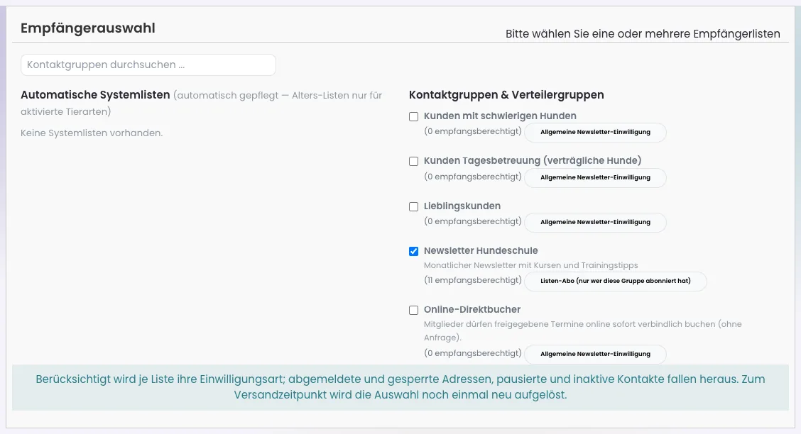 Empfängerauswahl in der Versandmaske mit Kontaktgruppen, Einwilligungsart und Zahl der empfangsberechtigten Mitglieder
