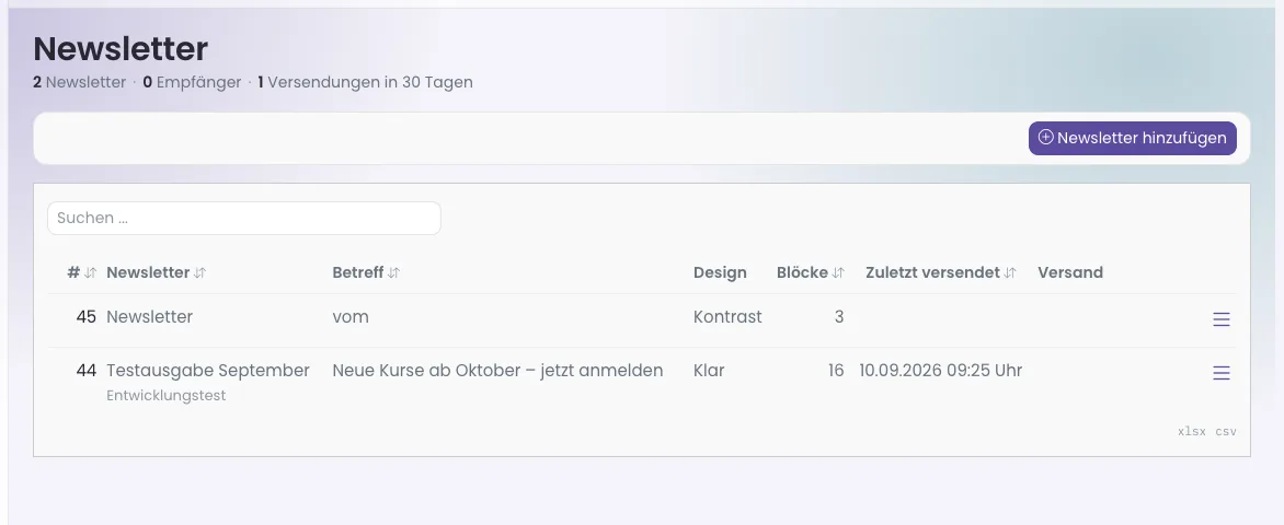 Liste der Newsletter mit Betreff, Design, Anzahl Blöcke und letztem Versand