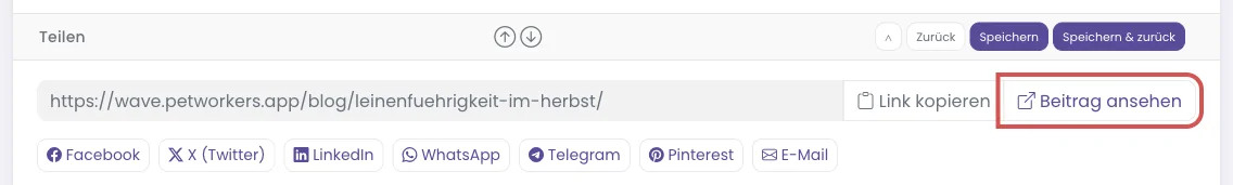Kasten Teilen mit Adresse, Link kopieren und Beitrag ansehen