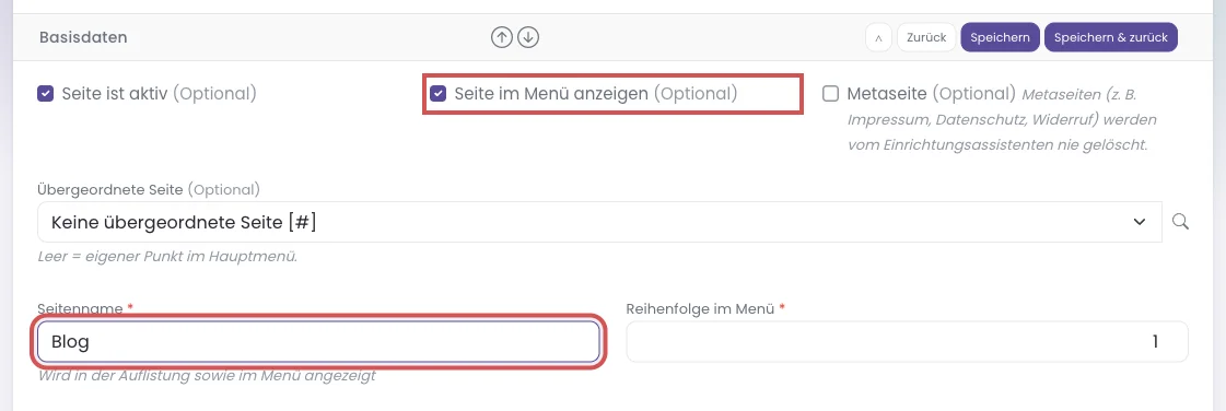 Kasten Basisdaten mit Seitenname Blog und dem Haken Seite im Menü anzeigen