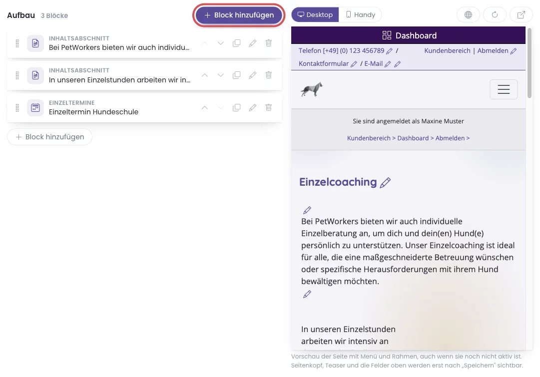 Block-Editor mit dem Knopf Block hinzufügen und der Vorschau