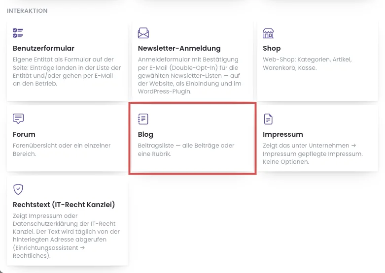 Blockauswahl Gruppe Interaktion mit dem Block Blog
