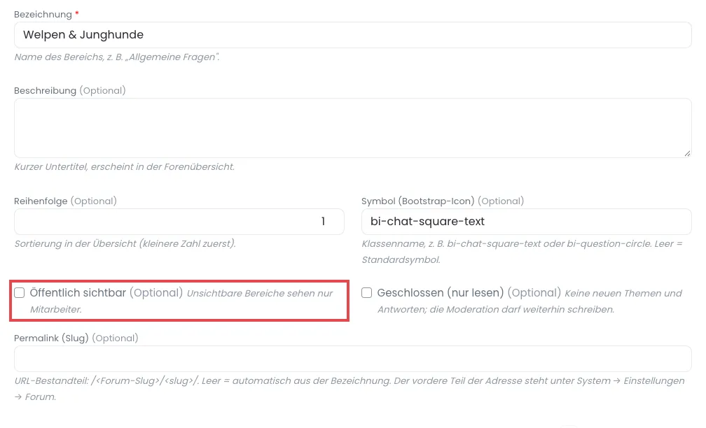 Formular Forenbereich hinzufügen mit Bezeichnung, Beschreibung, Reihenfolge, Symbol und rot markiertem Haken Öffentlich sichtbar