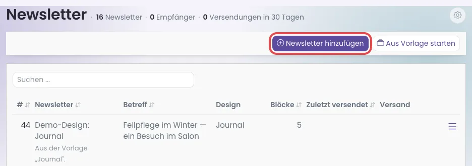 Seite Newsletter mit rot markiertem Knopf Newsletter hinzufügen und daneben Aus Vorlage starten