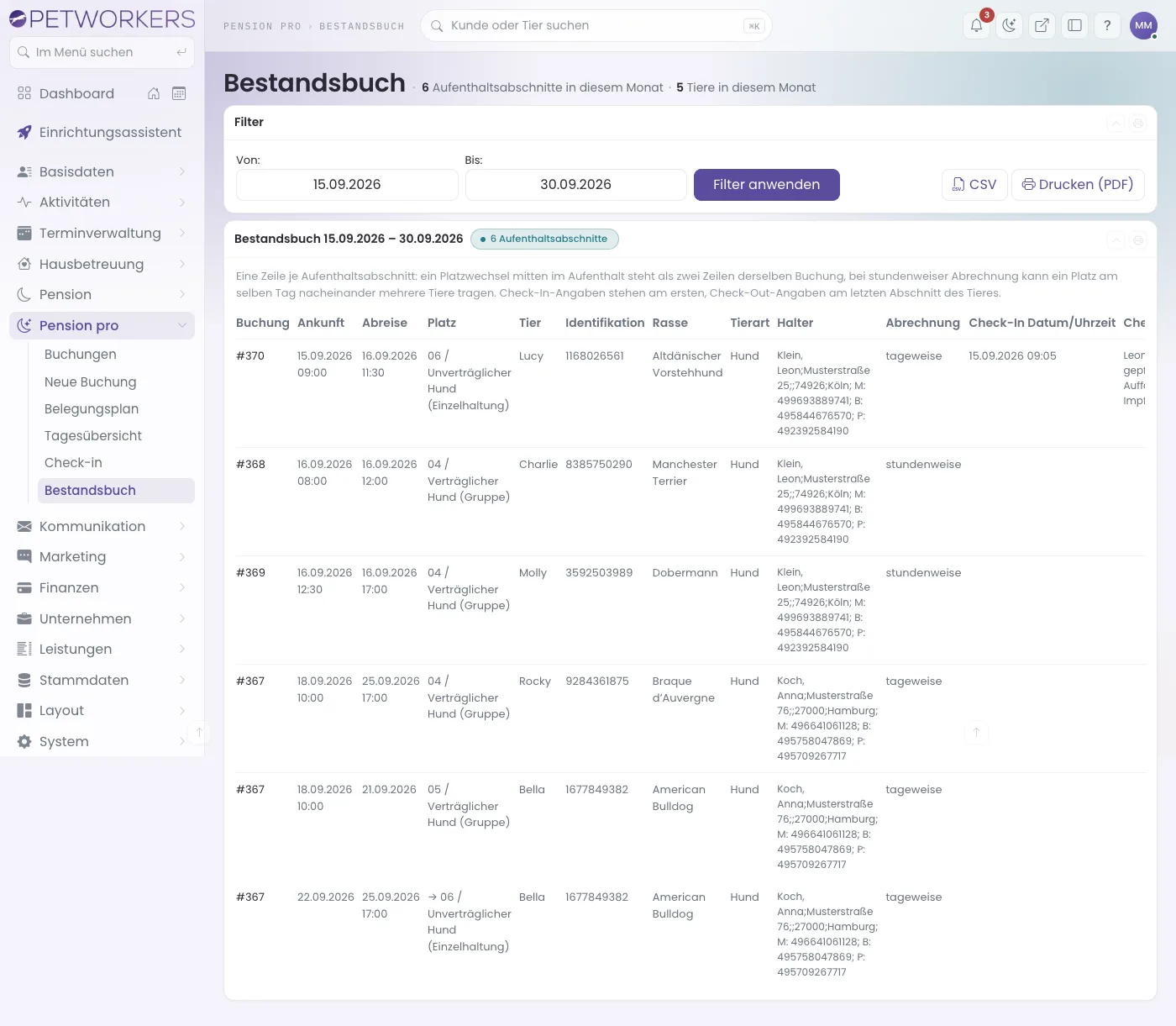 Bestandsbuch Pension pro vom 15.09. bis 30.09.2026 mit sechs Aufenthaltsabschnitten