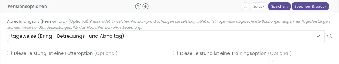 Feld Abrechnungsart (Pension pro) im Formular einer Pensionsleistung