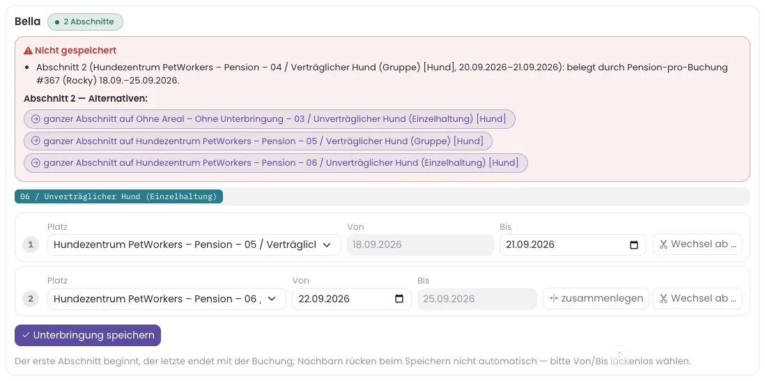 Konfliktmeldung „Nicht gespeichert" mit drei Alternativen für den Abschnitt