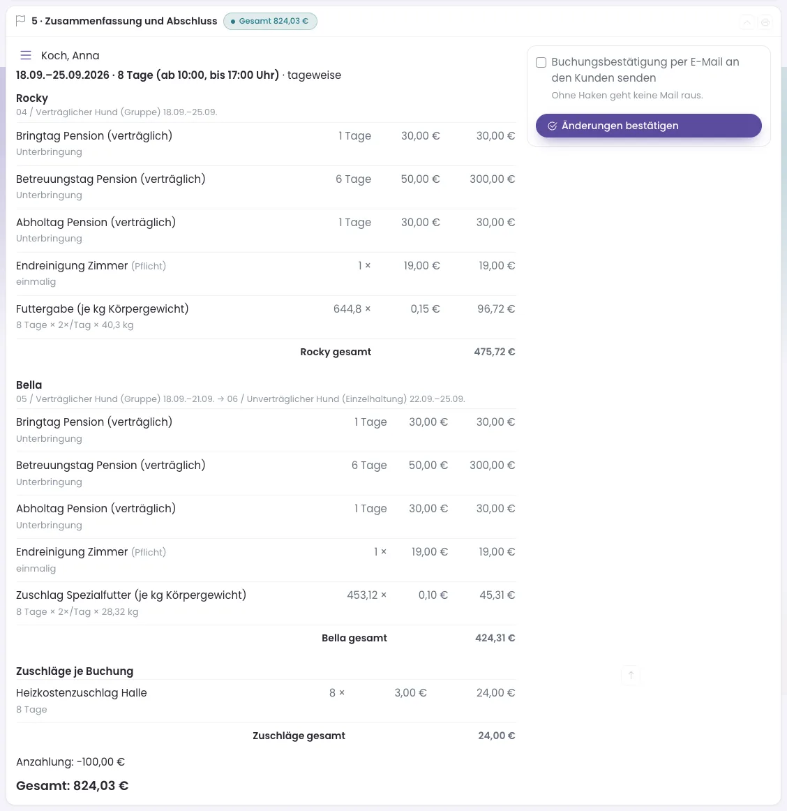 Schritt 5 der Maske: Zusammenfassung mit Positionen je Tier, Zuschlägen je Buchung, Anzahlung und Gesamtsumme