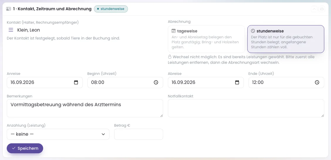 Schritt 1 einer stundenweise abgerechneten Buchung
