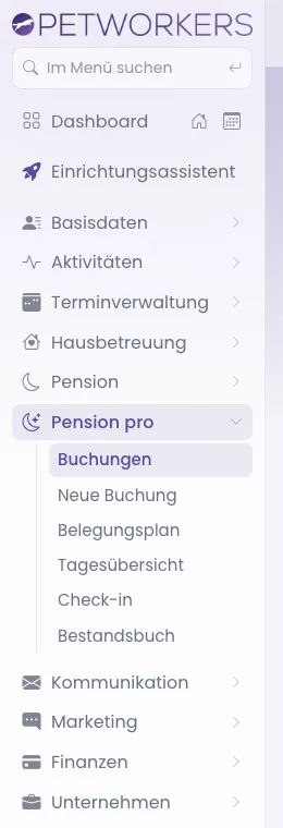 Das Menü Pension pro mit seinen sechs Einträgen