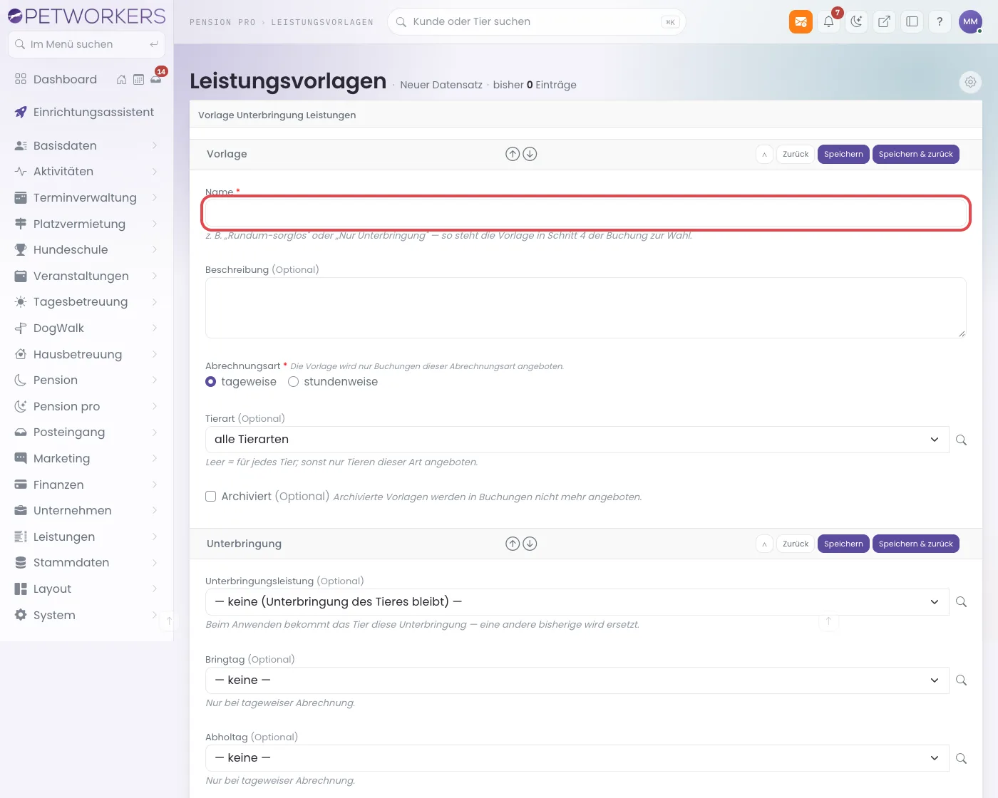 Das Formular einer neuen Leistungsvorlage mit dem markierten Feld Name