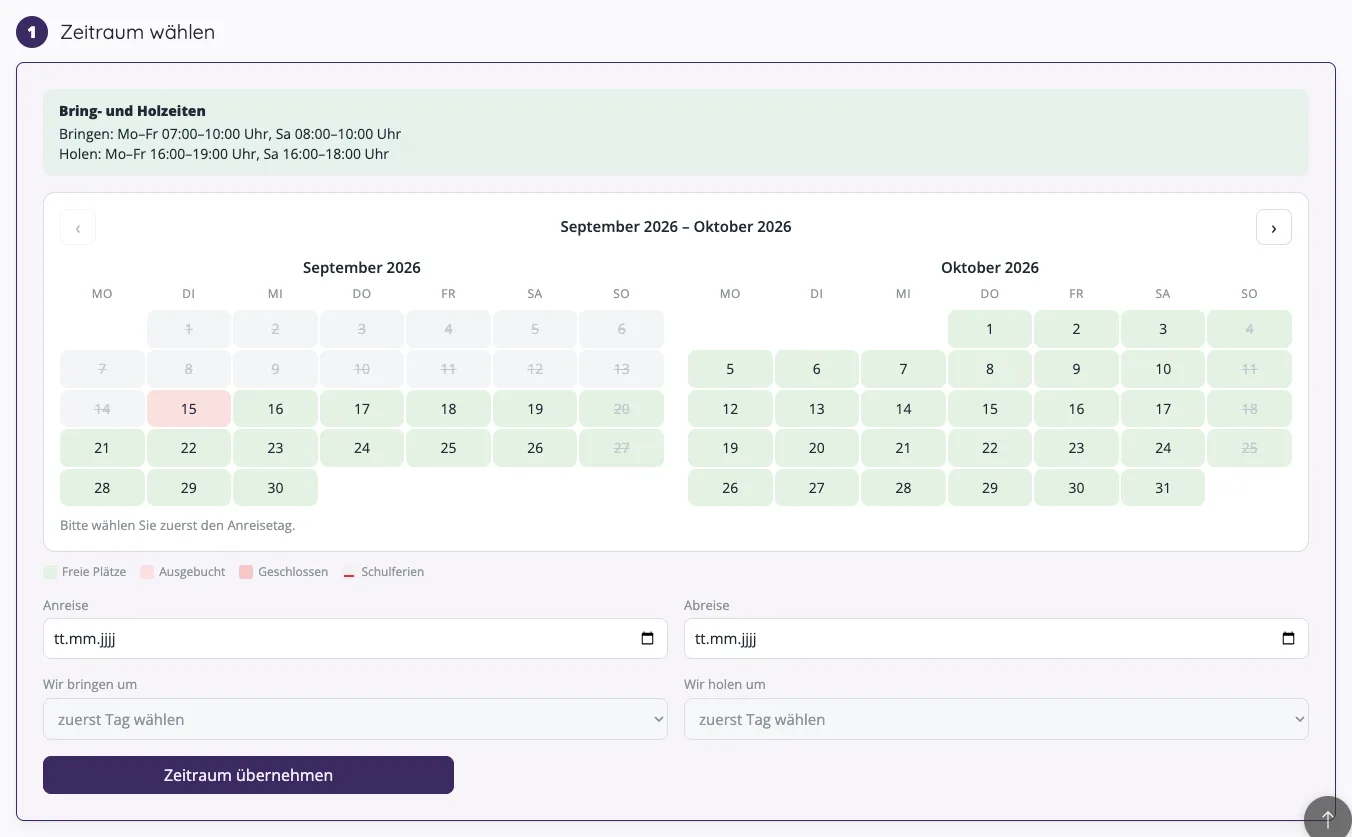 Schritt 1 der Online-Anfrage: Kalender mit Bring- und Holzeiten