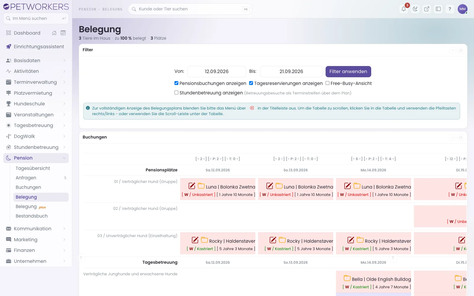 Pension → Belegung als Tabelle Platz mal Tag