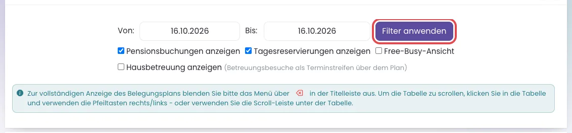 Die Filter der Seite Belegung mit dem markierten Knopf Filter anwenden