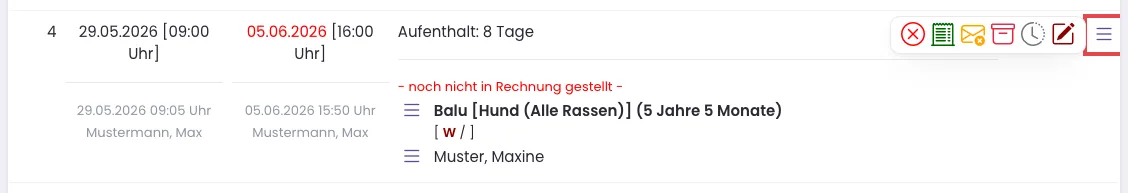 Die aufgeklappten Aktionen einer Pensionsbuchung