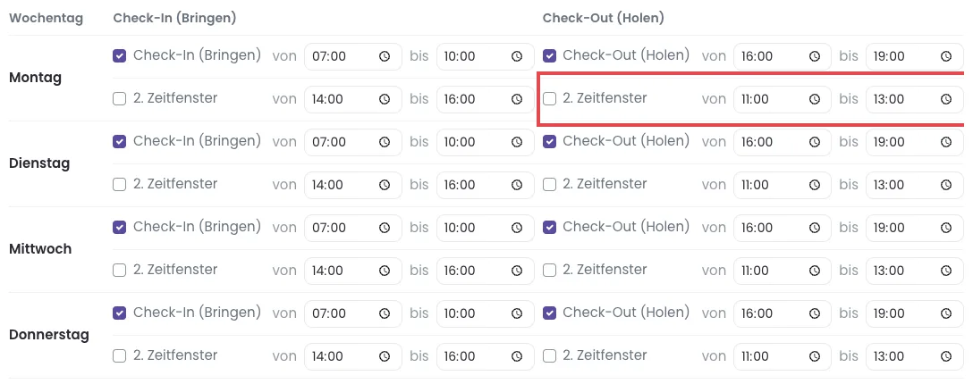 Wochenplan der Bring- und Holzeiten mit dem markierten zweiten Zeitfenster am Montag