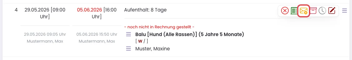 Das aufgeklappte Menü einer Buchung mit dem markierten Symbol zum Stornieren