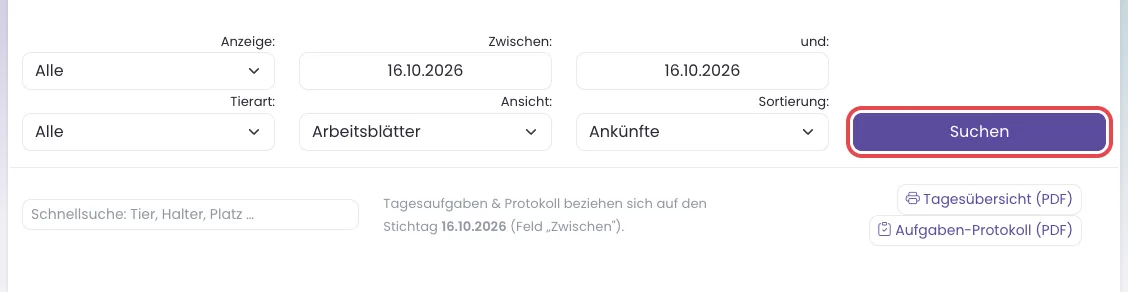 Die Filter der Tagesübersicht mit dem markierten Knopf Suchen